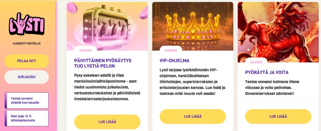 Lysti Casino bonus ja cashback tarjoukset