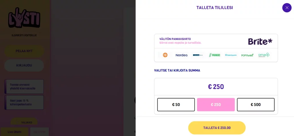 Lysti Casino kotiutus – nopeat pankkisiirrot