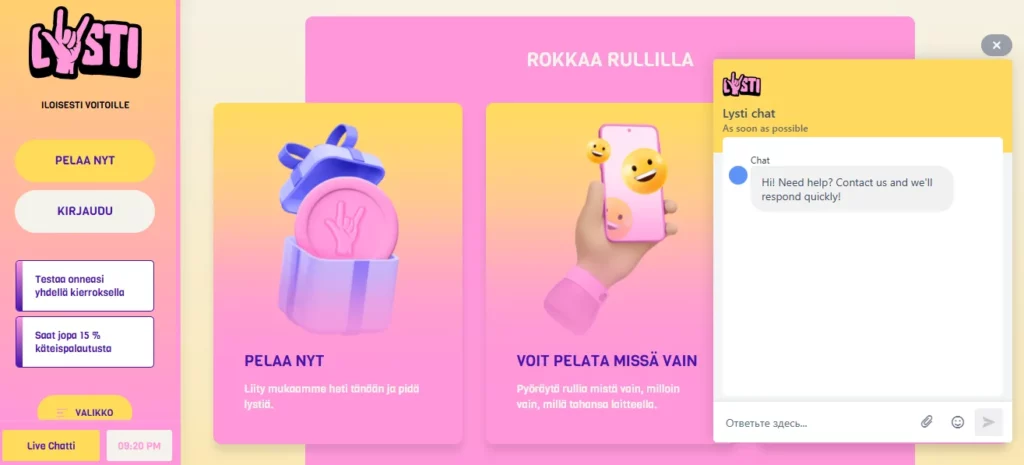 Lysti Casino live chat – asiakaspalvelu 24/7